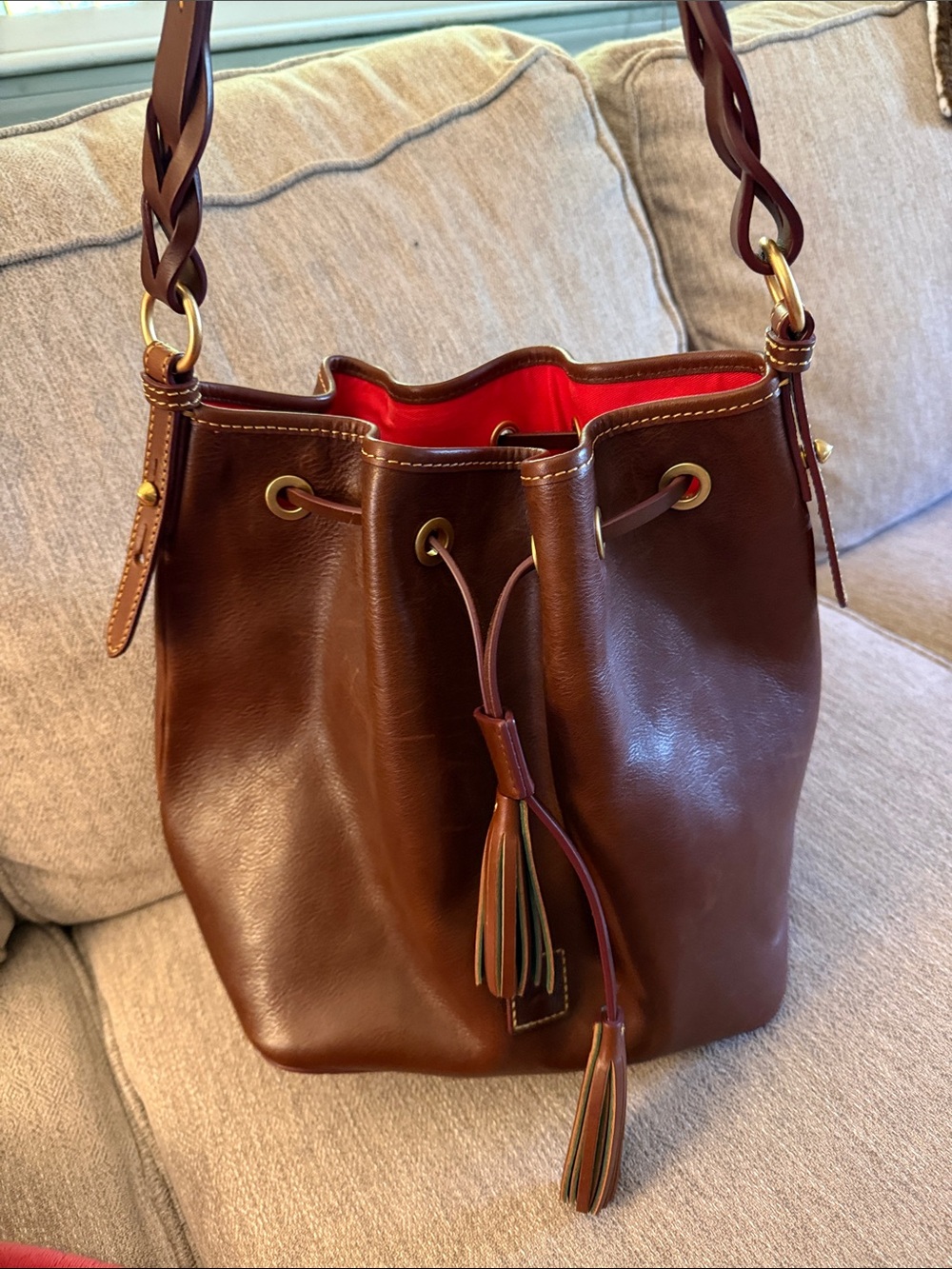 Dooney & Bourke Tasha Brown Leather Drawstring Bucket Bag with Red Interior-RARE